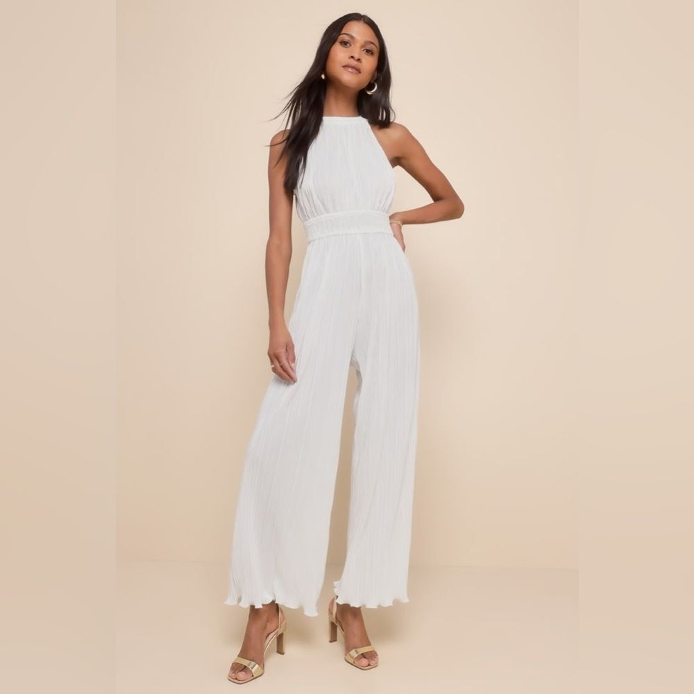 Lulus Flawless Mindset Ivory Satin Plisse‎ Tie-Back Jumpsuit